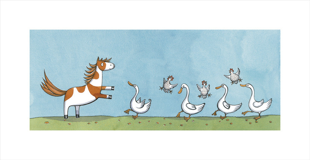Noni kicks up her heels with the hens and the ducks PRINT