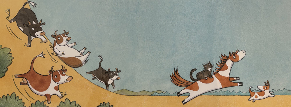 "...she slides down the sand dune and onto the shore..." PRINT